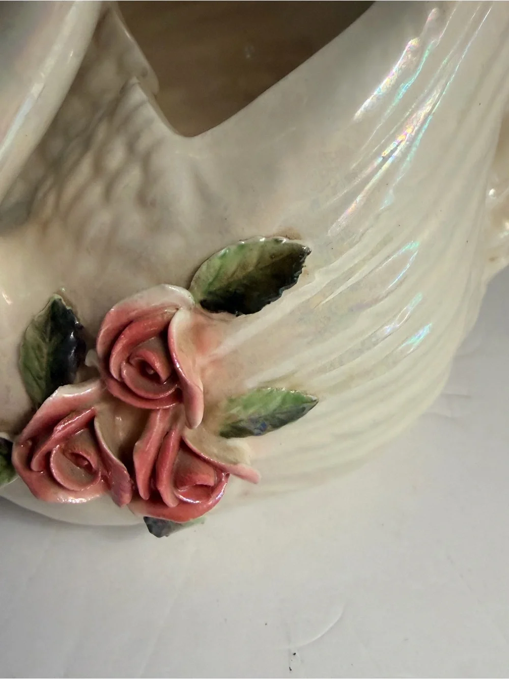 Porcelain Swan Planter with Pink Roses and Gold Accents - Picture 4 of 7